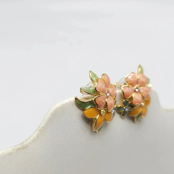 Joan Enamel Flower Post Earrings Multicolor Petals Rhinestones SPRING FLING - Picture 2 of 6